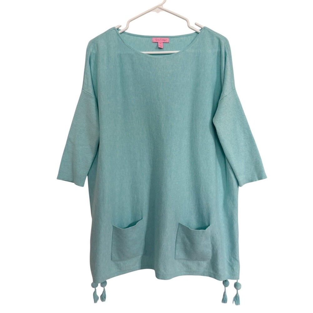 Lilly Pulitzer Sweater Women's XS Blue Elba Tassel Oversized Coolmax Pockets